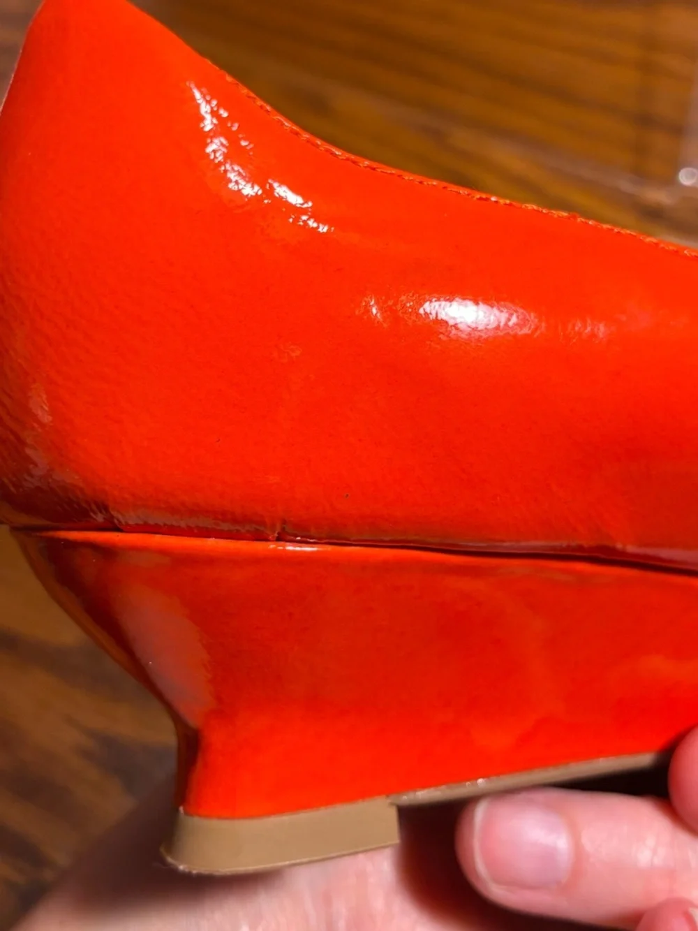 ELIE TAHARI Orange Patent Leather Scalloped Collar Demi Wedge Heels EU 37.5 US 7